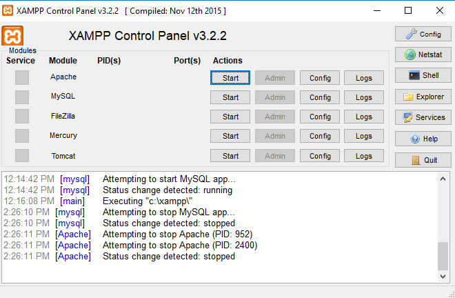 پنجره تنظیمات زمپ XAMPP